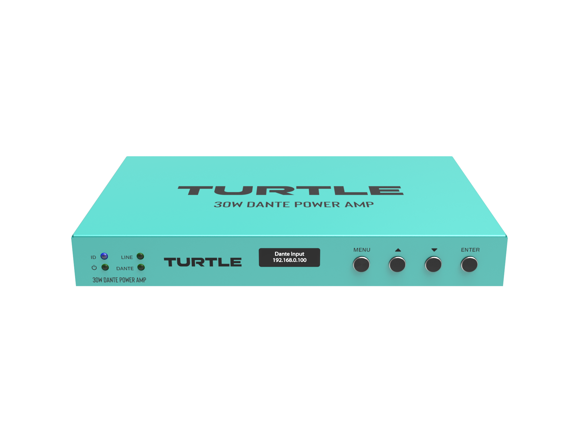 Turquoise eindversterker met 'Turtle'-logo op een witte achtergrond