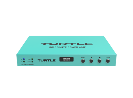 Turquoise eindversterker met 'Turtle'-logo op een witte achtergrond