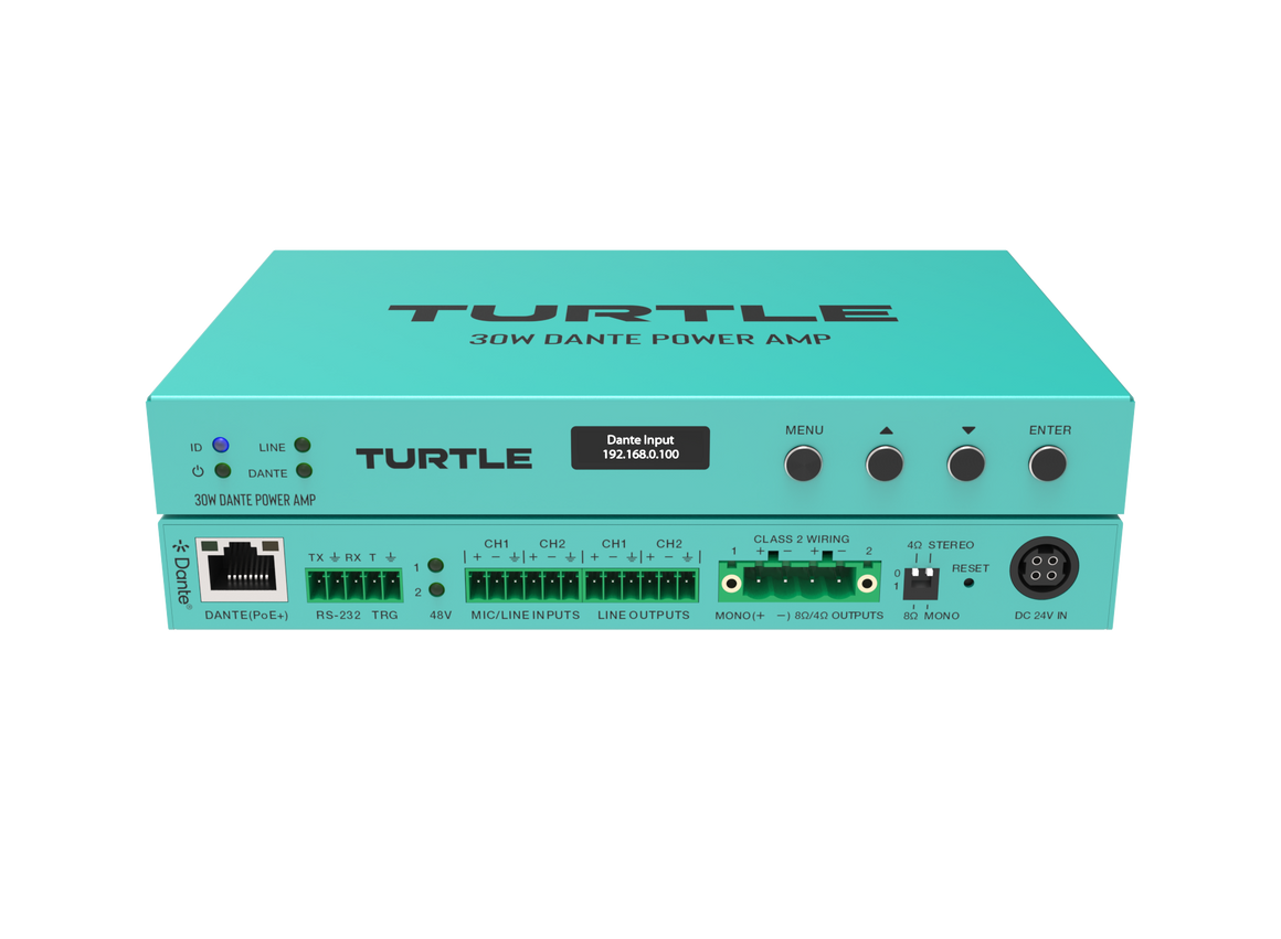 Turquoise eindversterker met 'Turtle'-logo op een witte achtergrond
