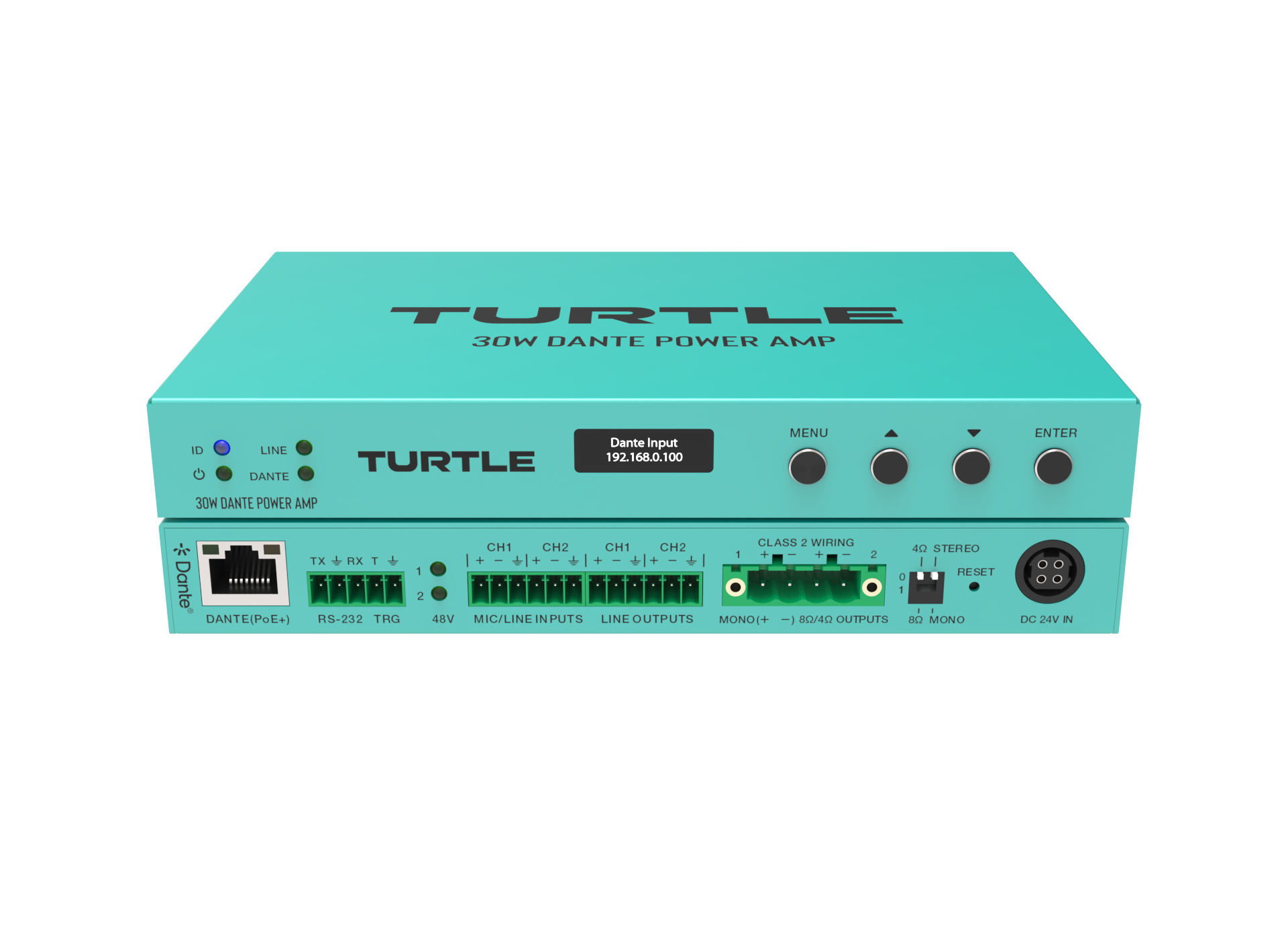 Turquoise eindversterker met 'Turtle'-logo op een witte achtergrond