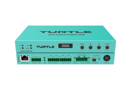 Turquoise eindversterker met 'Turtle'-logo op een witte achtergrond