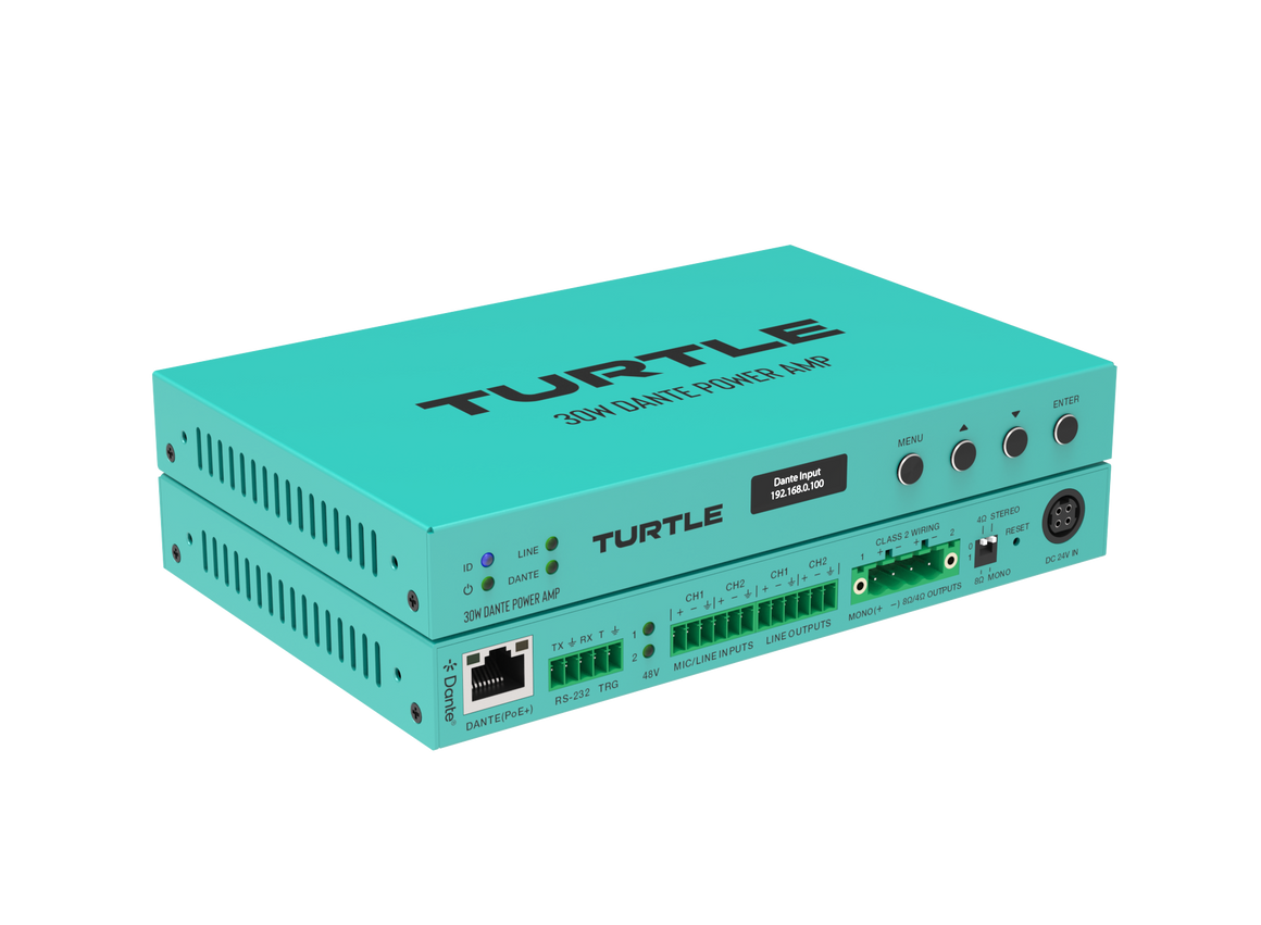 Turquoise elektronisch apparaat met het merk 'Turtle' op een witte achtergrond