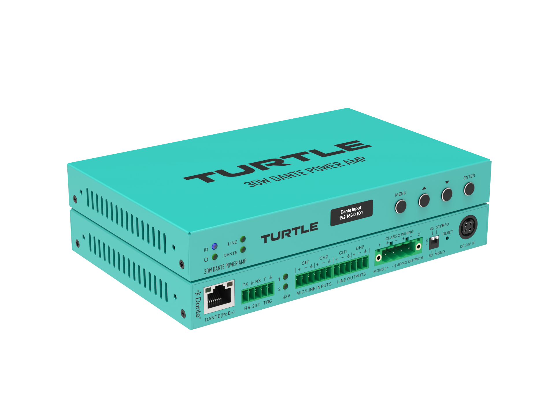 Turquoise elektronisch apparaat met het merk 'Turtle' op een witte achtergrond