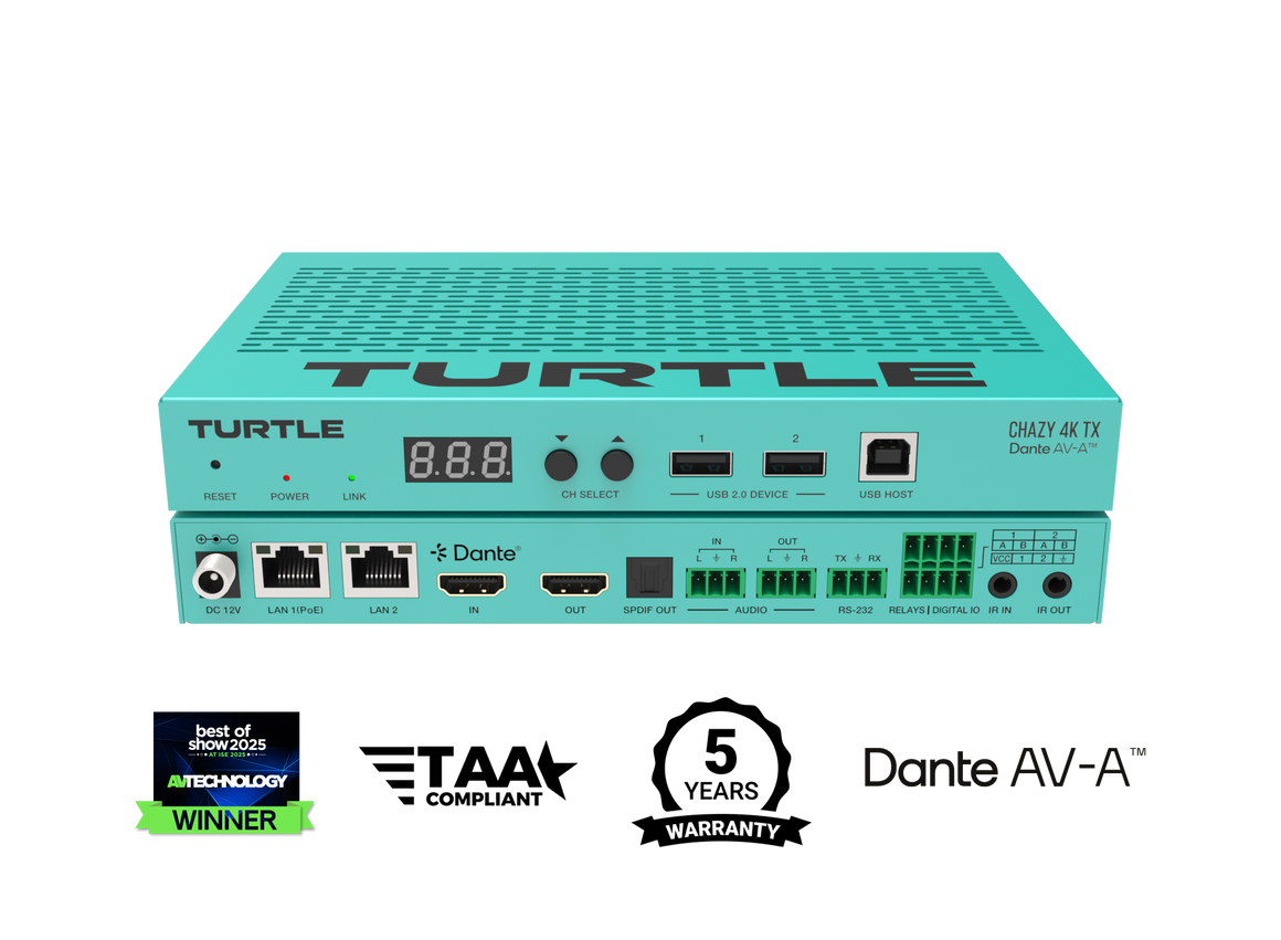 Turquoise elektronisch apparaat met het merk 'Turtle' op een witte achtergrond