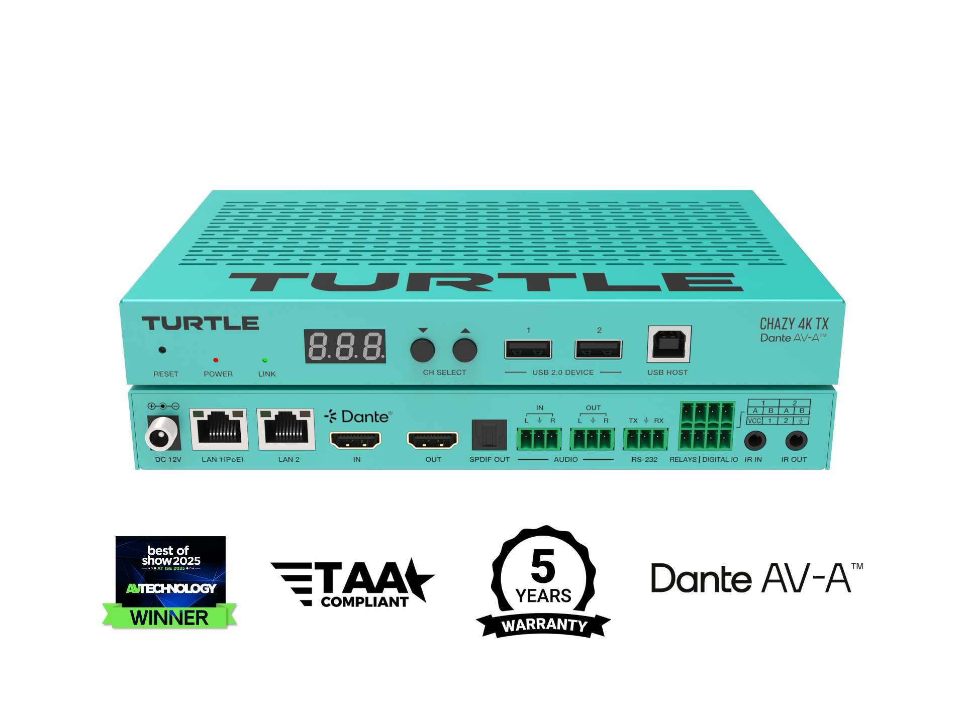 Turquoise elektronisch apparaat met het merk 'Turtle' op een witte achtergrond