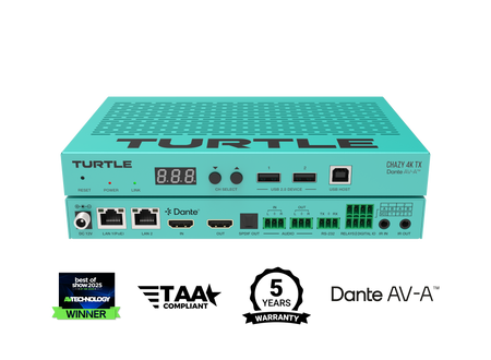 Turquoise elektronisch apparaat met het merk 'Turtle' op een witte achtergrond