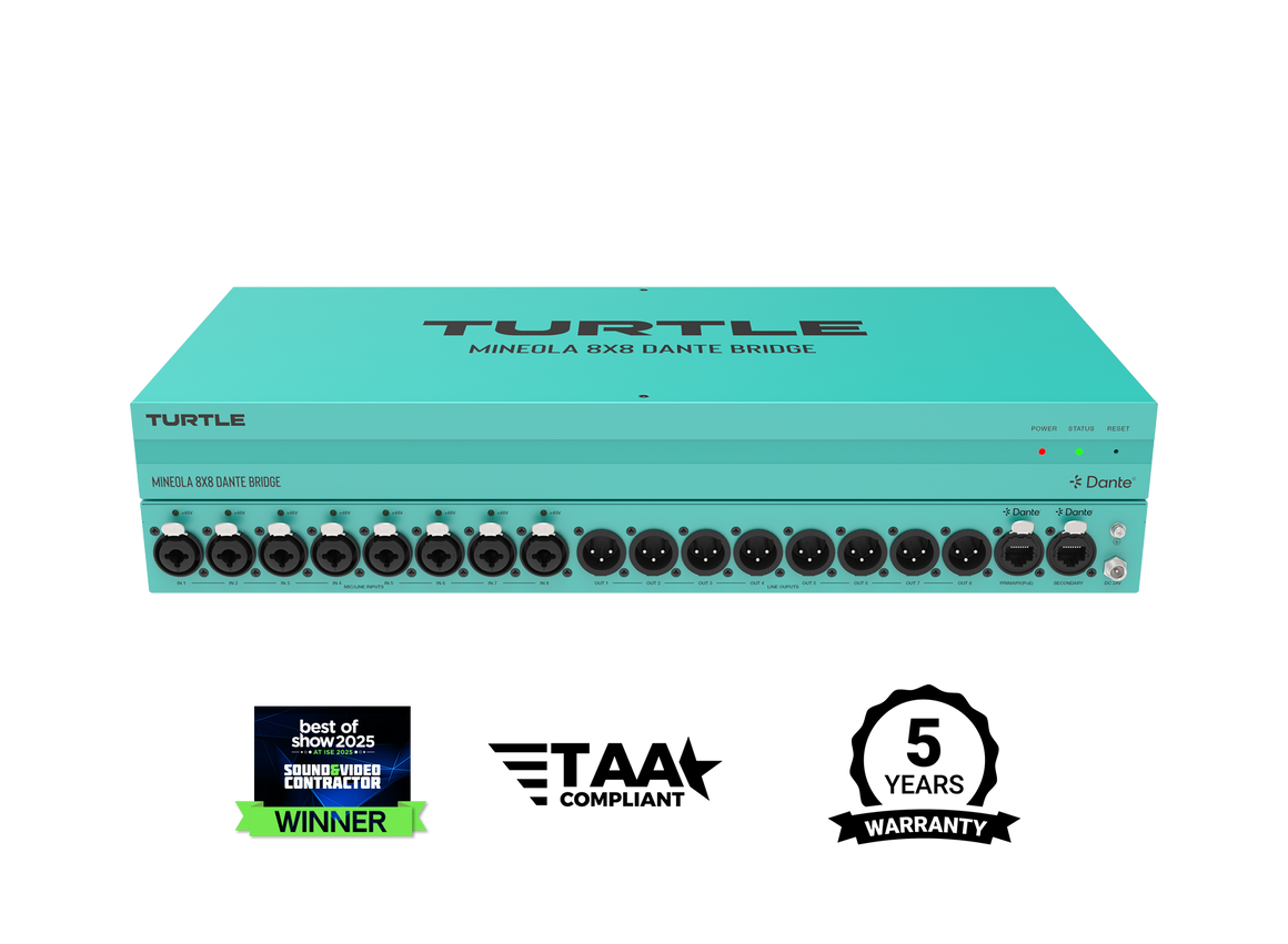 Teal audioapparatuur met meerdere connectoren op een witte achtergrond, met het merk 'Turtle'.