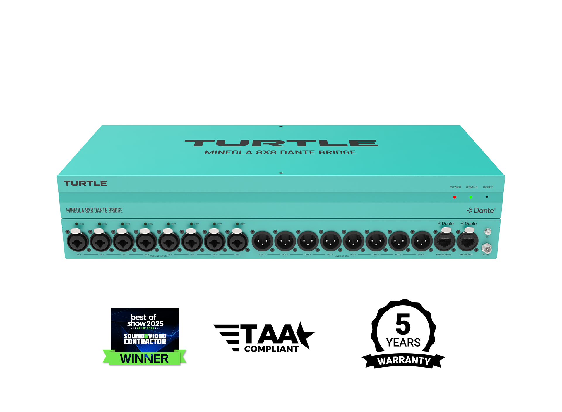 Teal audioapparatuur met meerdere connectoren op een witte achtergrond, met het merk 'Turtle'.