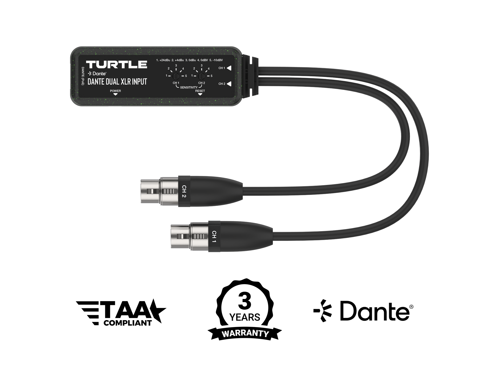 Turtle-audiokabel met dubbele XLR-ingang op een witte achtergrond