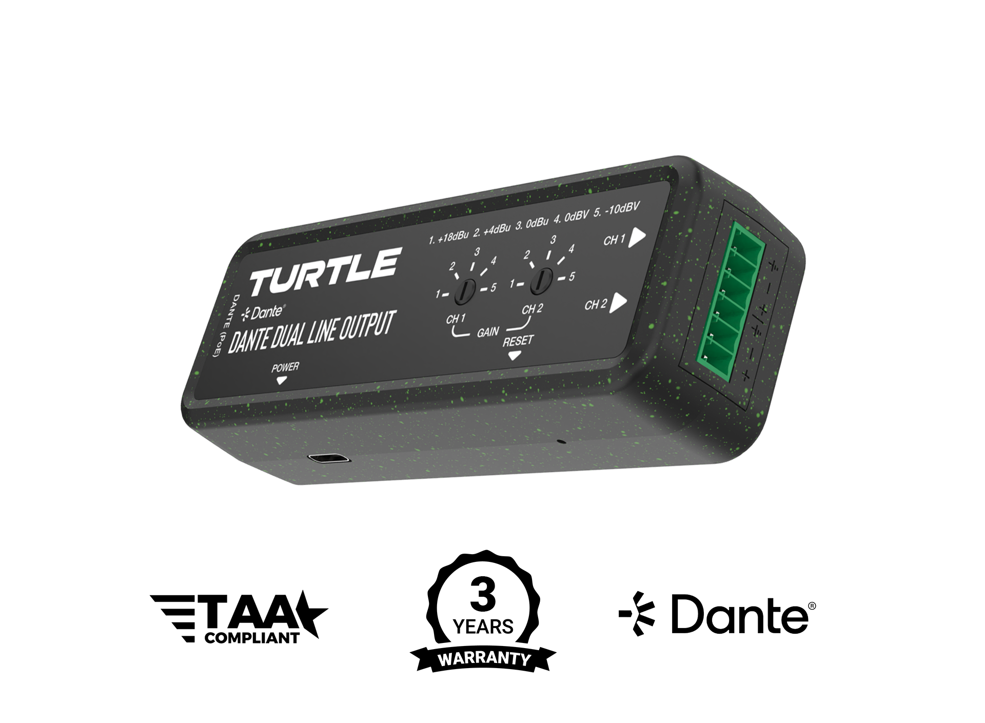 Turtle audio-apparaat met Dante-conformiteit en garantie op een witte achtergrond
