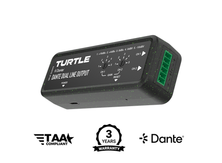 Turtle audio-apparaat met Dante-conformiteit en garantie op een witte achtergrond