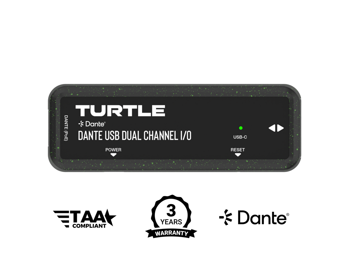 Turtle Dante USB Dual Channel I/O-apparaat met branding en certificeringslogo's op een witte achtergrond