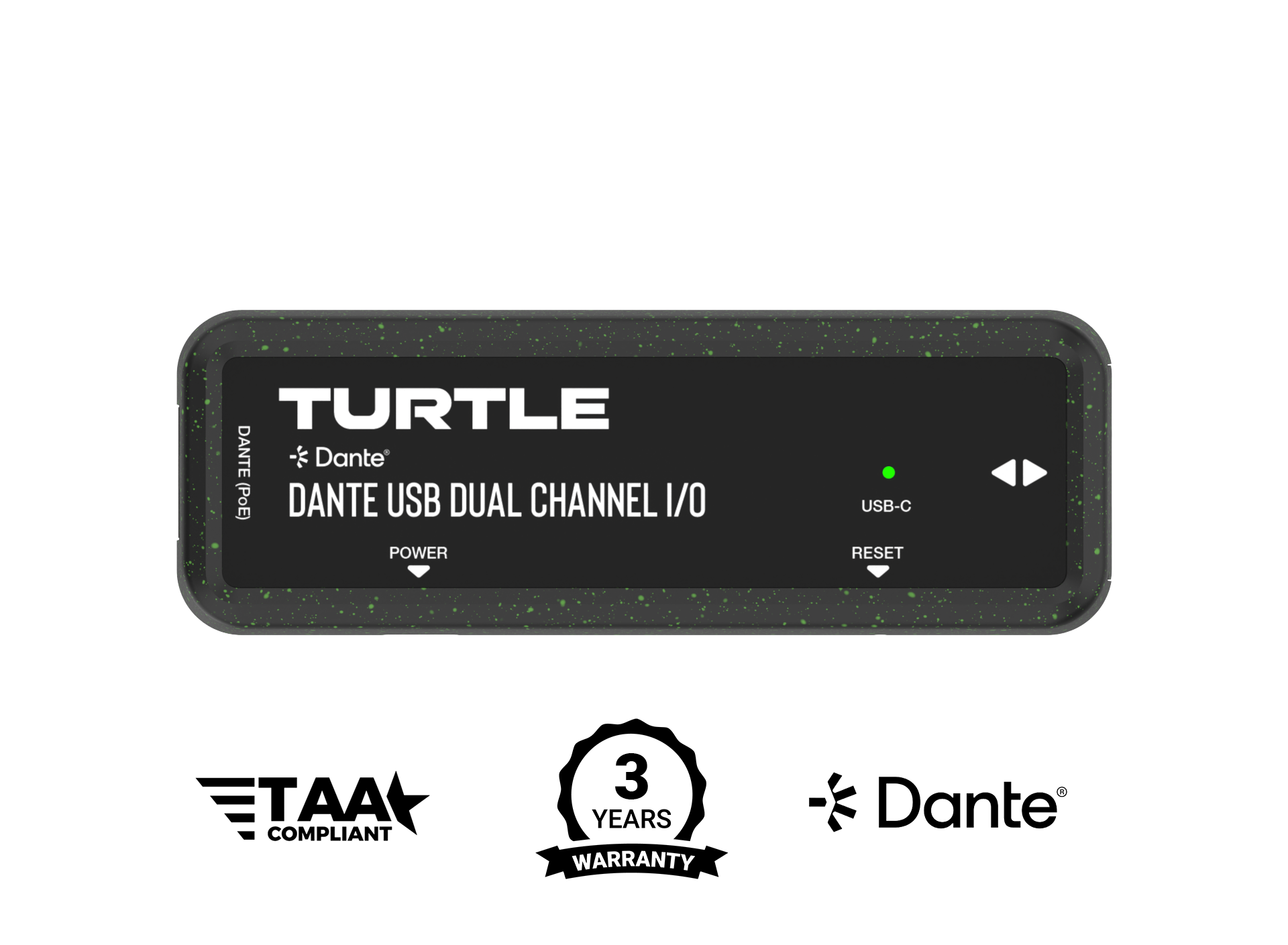 Turtle Dante USB Dual Channel I/O-apparaat met branding en certificeringslogo's op een witte achtergrond
