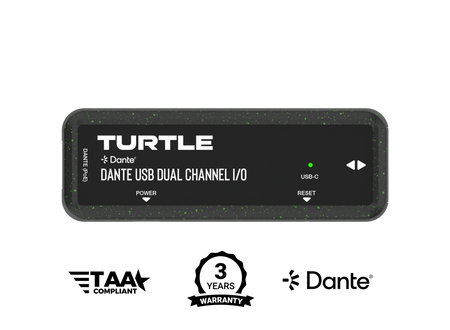 Turtle Dante USB Dual Channel I/O-apparaat met branding en certificeringslogo's op een witte achtergrond