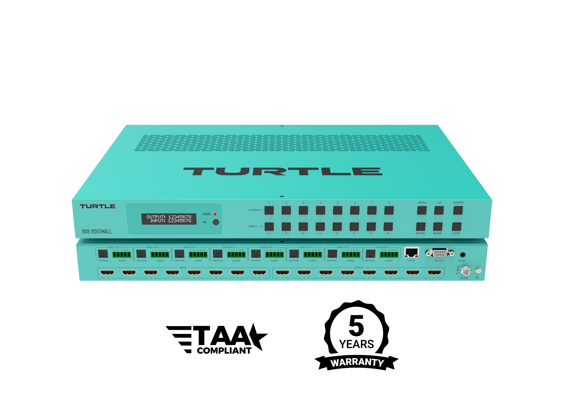 Teal gekleurd elektronisch apparaat met het 'Turtle'-logo op een witte achtergrond, voorzien van logo's voor TAA-naleving en 5 jaar garantie.
