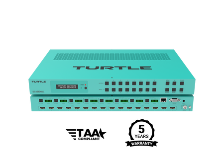 Teal gekleurd elektronisch apparaat met het 'Turtle'-logo op een witte achtergrond, voorzien van logo's voor TAA-naleving en 5 jaar garantie.