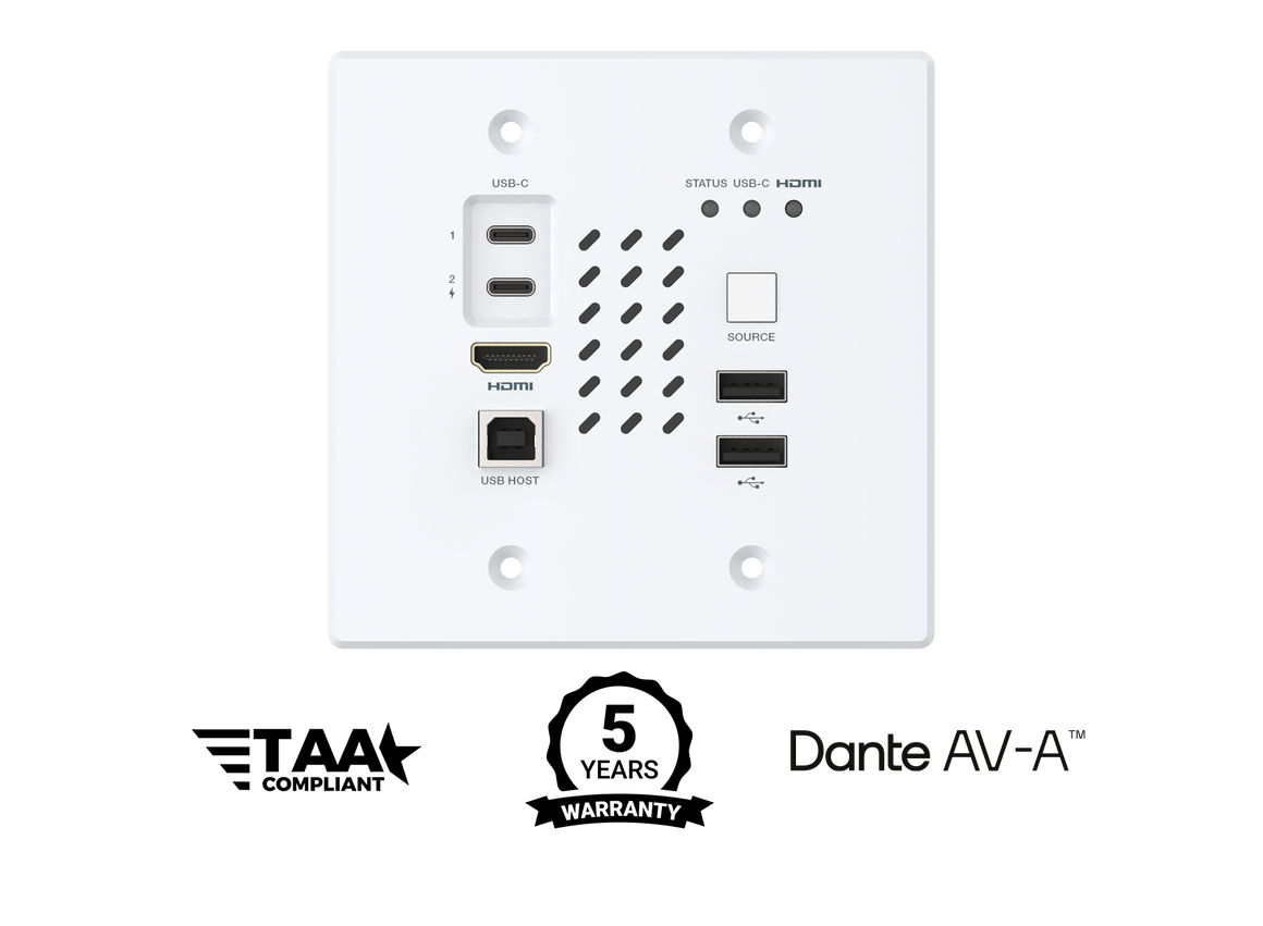 Witte muurplaat met meerdere poorten en labels op een witte achtergrond, met TAA-conforme en Dante AV-A logo's.