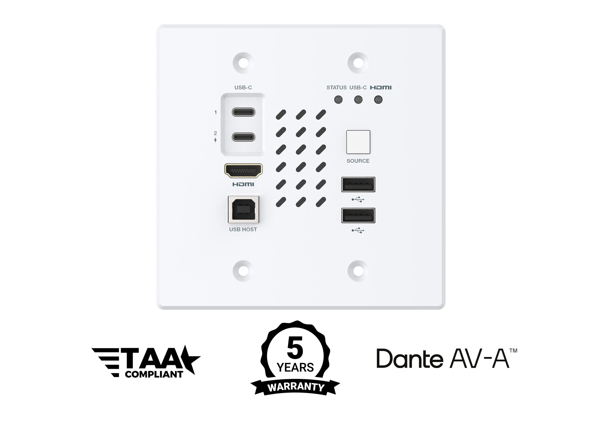 Witte muurplaat met meerdere poorten en labels op een witte achtergrond, met TAA-conforme en Dante AV-A logo's.