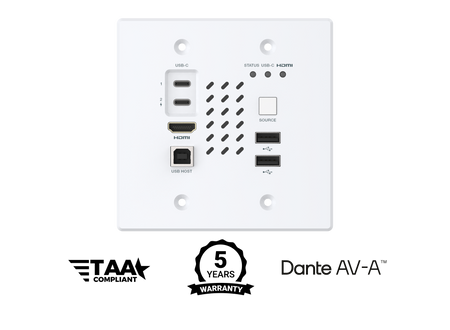 Witte muurplaat met meerdere poorten en labels op een witte achtergrond, met TAA-conforme en Dante AV-A logo's.