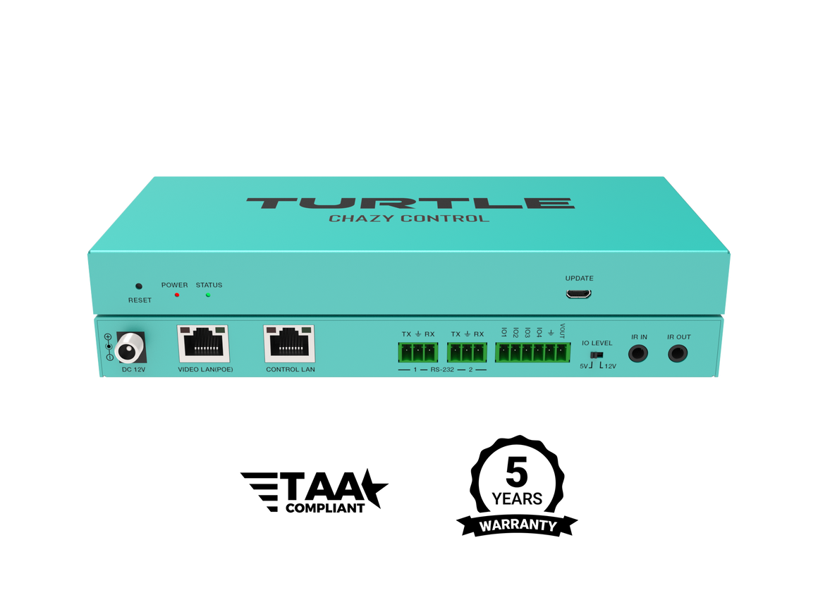 Turquoise elektronisch apparaat met het merk 'Turtle Chazy Control' op een witte achtergrond, voorzien van logo's voor TAA-naleving en vijf jaar garantie.