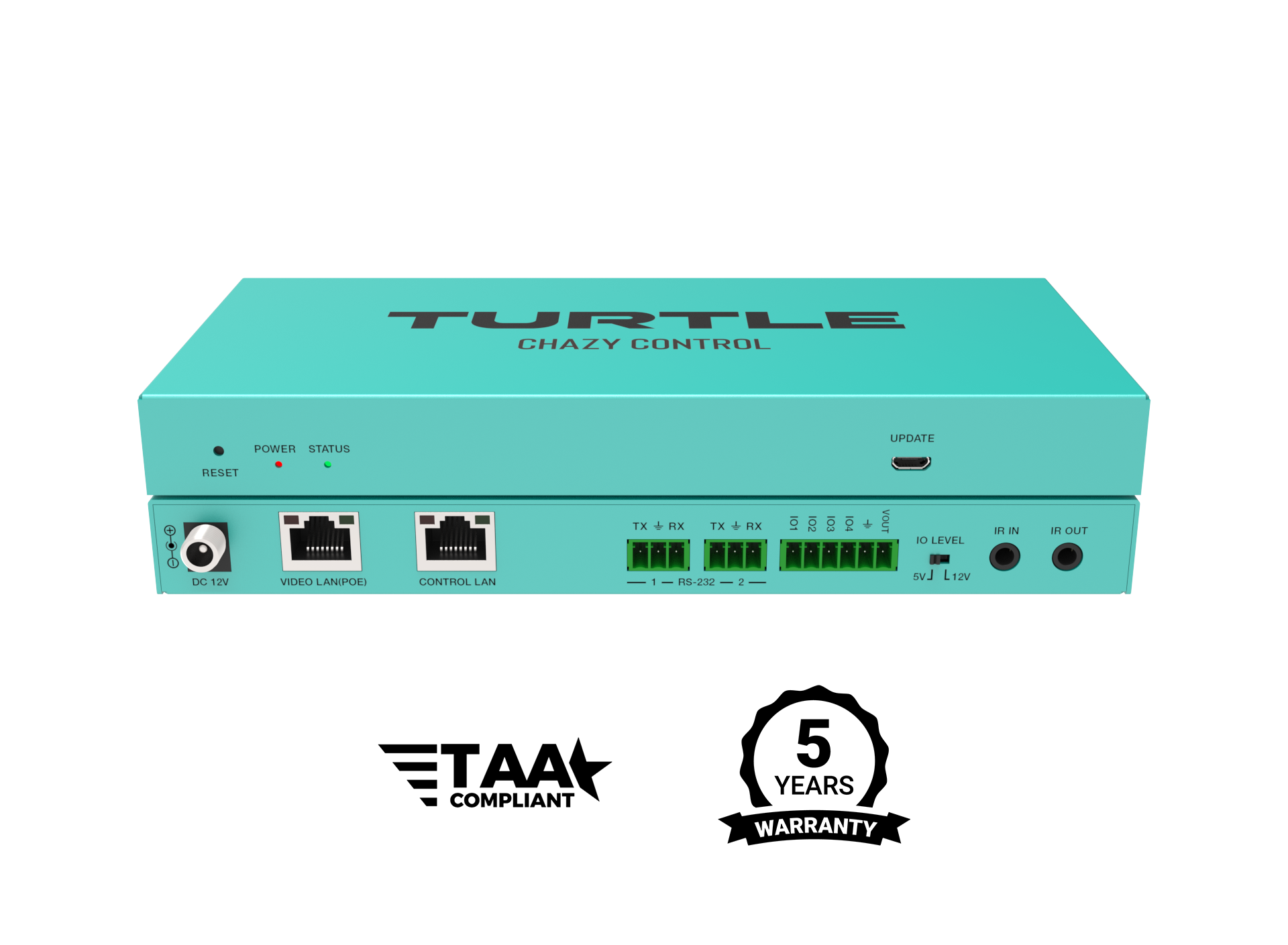 Turquoise elektronisch apparaat met het merk 'Turtle Chazy Control' op een witte achtergrond, voorzien van logo's voor TAA-naleving en vijf jaar garantie.