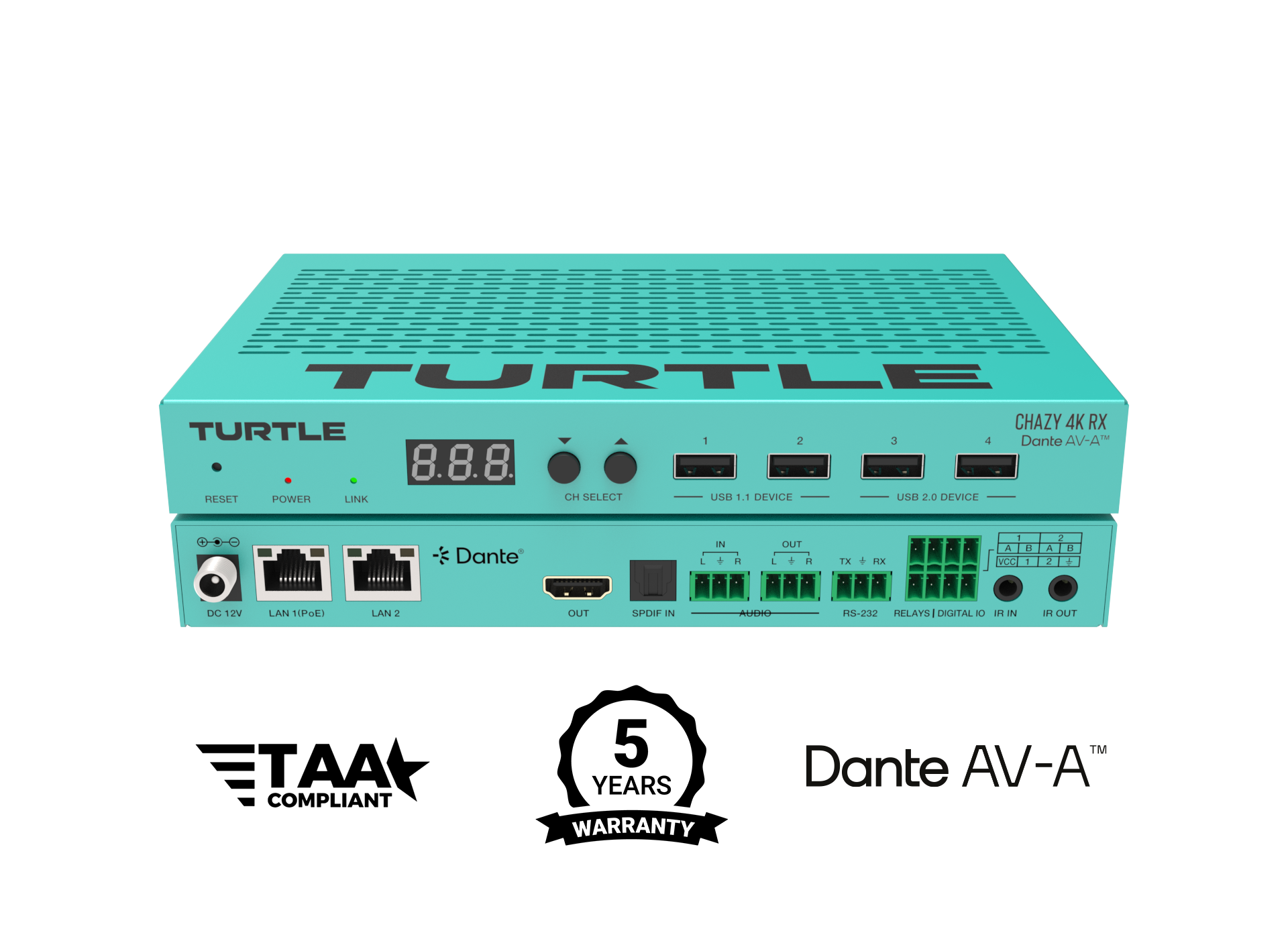 Turquoise elektronisch apparaat met het merk 'Turtle' op een witte achtergrond