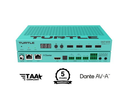 Turquoise elektronisch apparaat met het merk 'Turtle' op een witte achtergrond