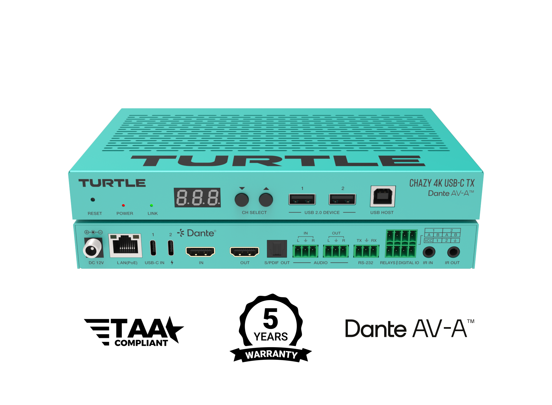 Turquoise elektronisch apparaat met het merk 'Turtle' op een witte achtergrond