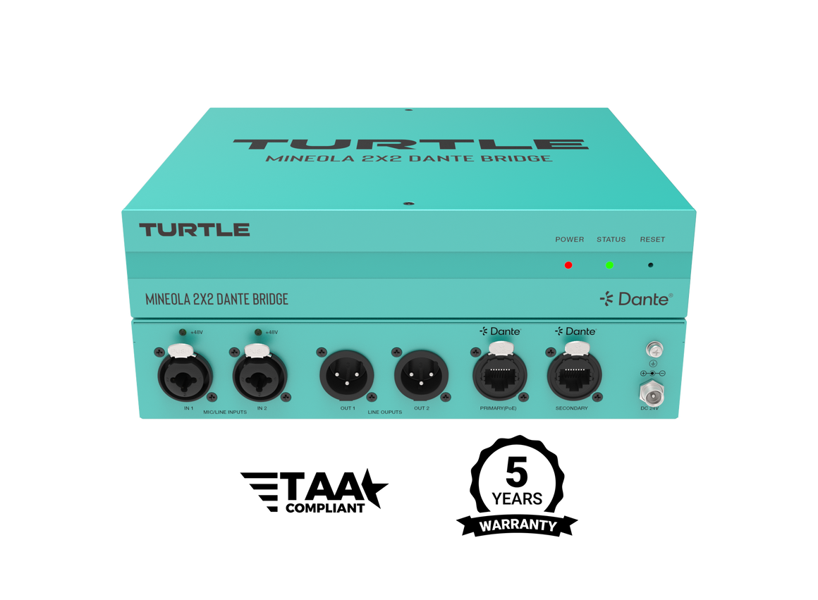 Turquoise audioapparaatdoos met 'Turtle'-logo en certificeringslogo's op een witte achtergrond