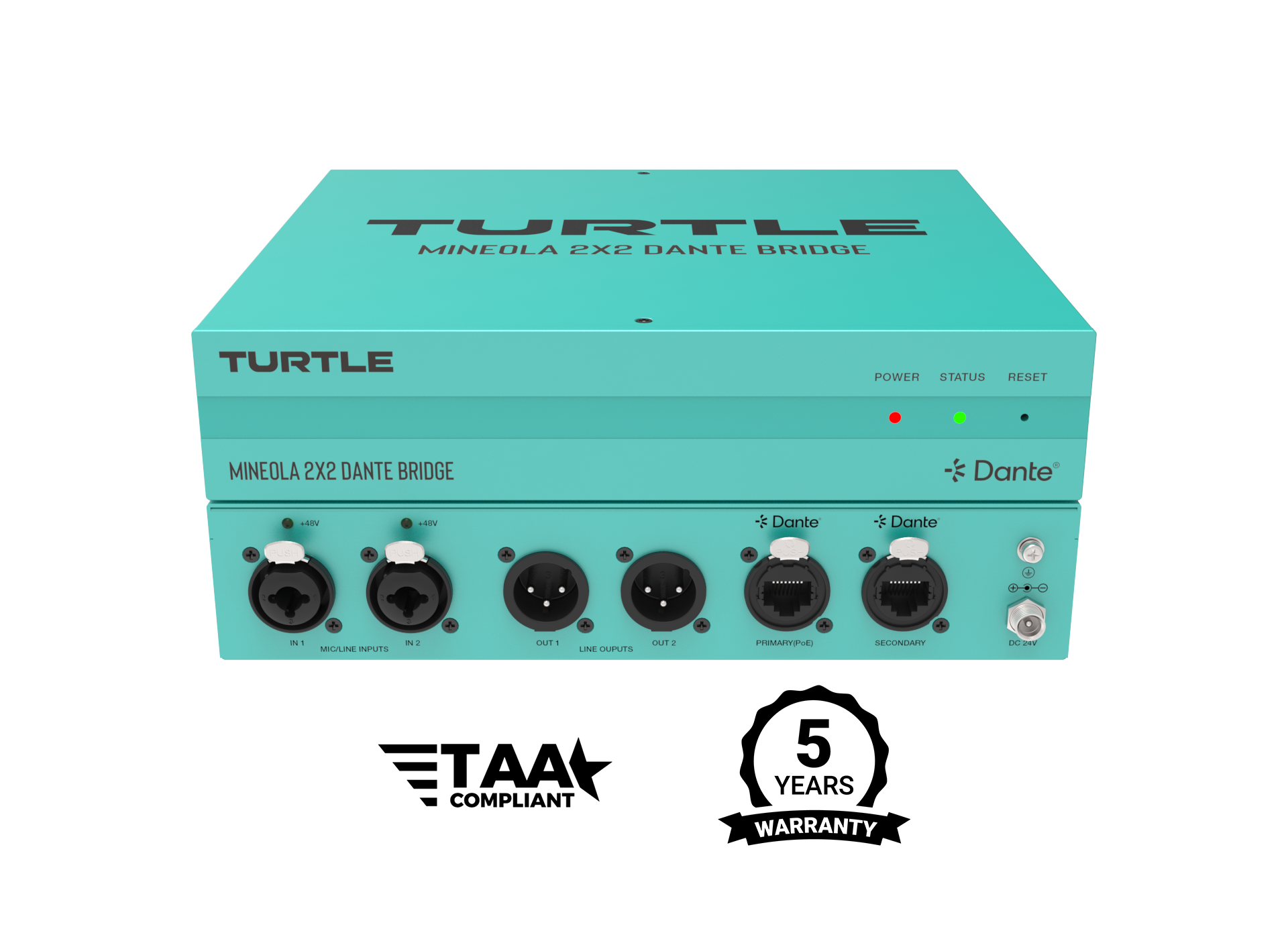 Turquoise audioapparaatdoos met 'Turtle'-logo en certificeringslogo's op een witte achtergrond