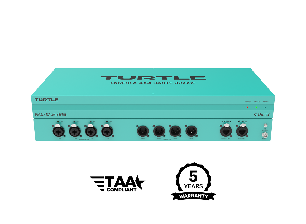 Turquoise audioapparatuur met het 'Turtle'-logo op een witte achtergrond, voorzien van logo's voor TAA-naleving en garantie.