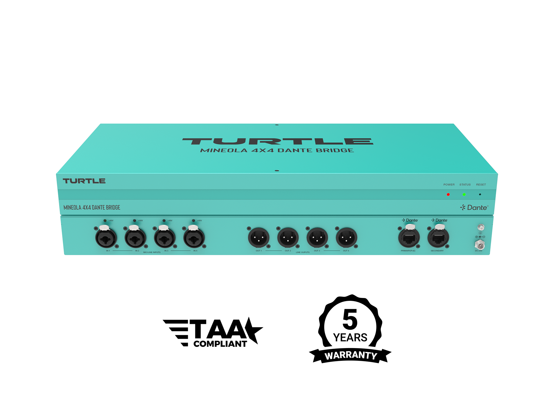 Turquoise audioapparatuur met het 'Turtle'-logo op een witte achtergrond, voorzien van logo's voor TAA-naleving en garantie.