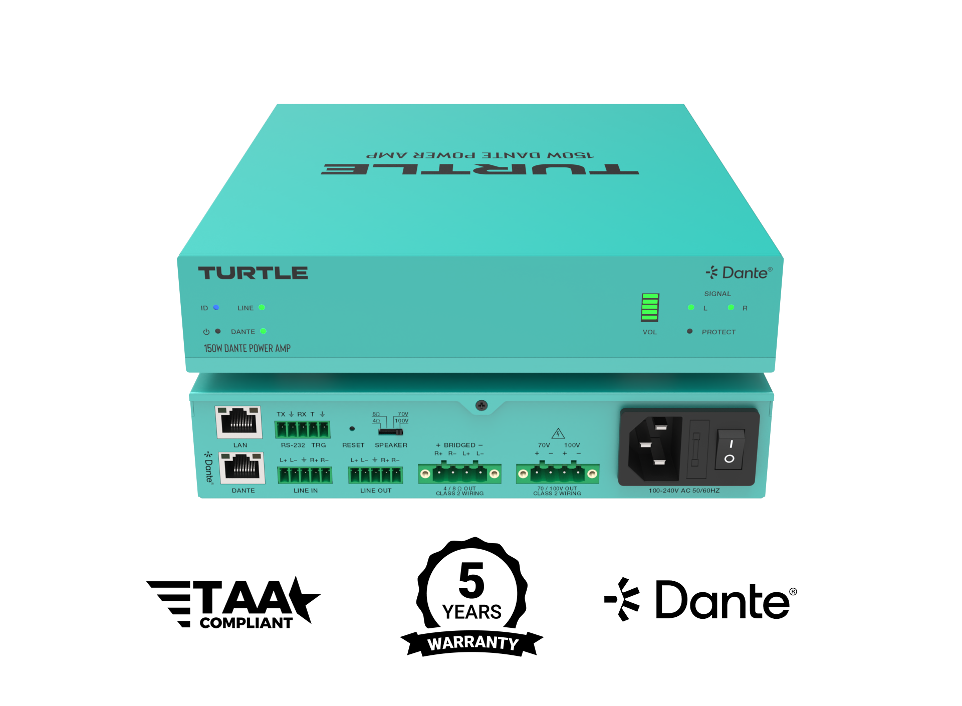 Turquoise elektronisch apparaat met het merk 'Turtle' op een witte achtergrond, voorzien van certificeringslogo's.