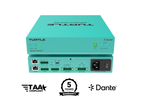 Turquoise elektronisch apparaat met het merk 'Turtle' op een witte achtergrond, voorzien van certificeringslogo's.