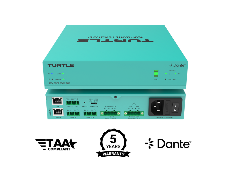 Turquoise elektronisch apparaat met het merk 'Turtle' op een witte achtergrond, voorzien van certificeringslogo's.