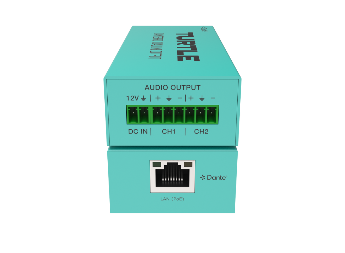 Turquoise verpakking van een elektronisch apparaat met informatie over audio-uitgang en Dante-connectiviteit op een witte achtergrond