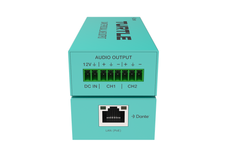 Turquoise verpakking van een elektronisch apparaat met informatie over audio-uitgang en Dante-connectiviteit op een witte achtergrond