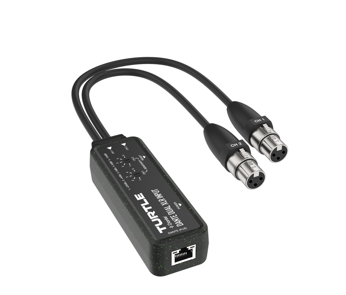 Turtle audio-adapter met twee XLR-kabels op een witte achtergrond