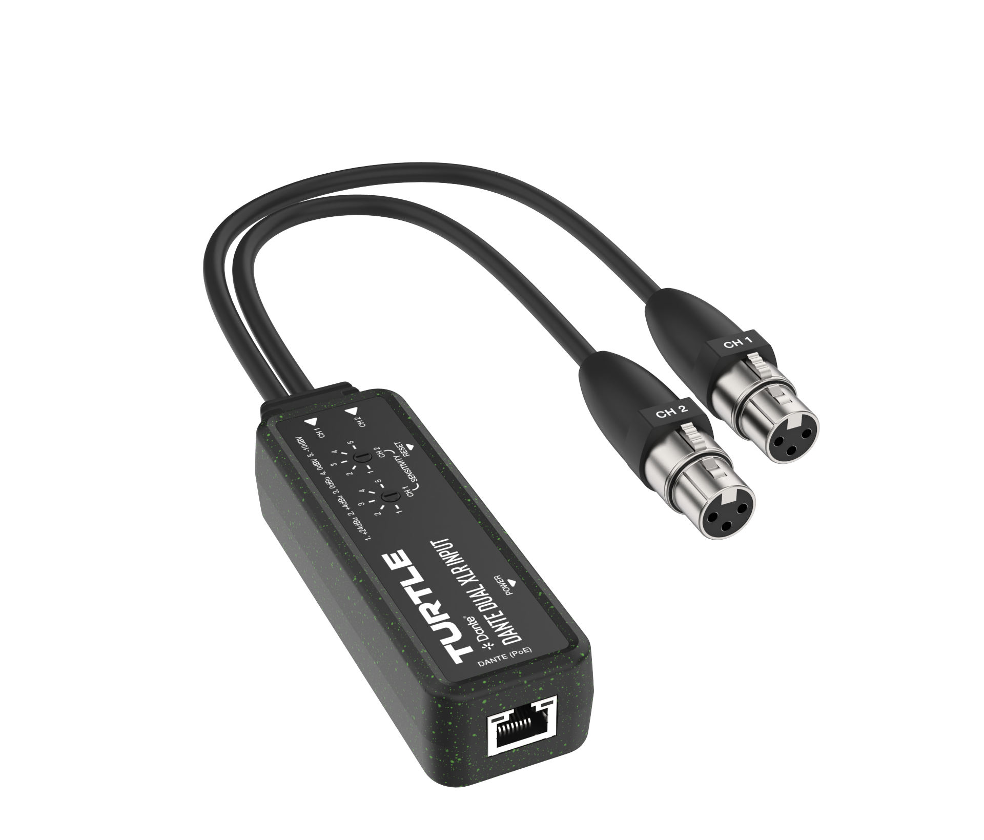 Turtle audio-adapter met twee XLR-kabels op een witte achtergrond