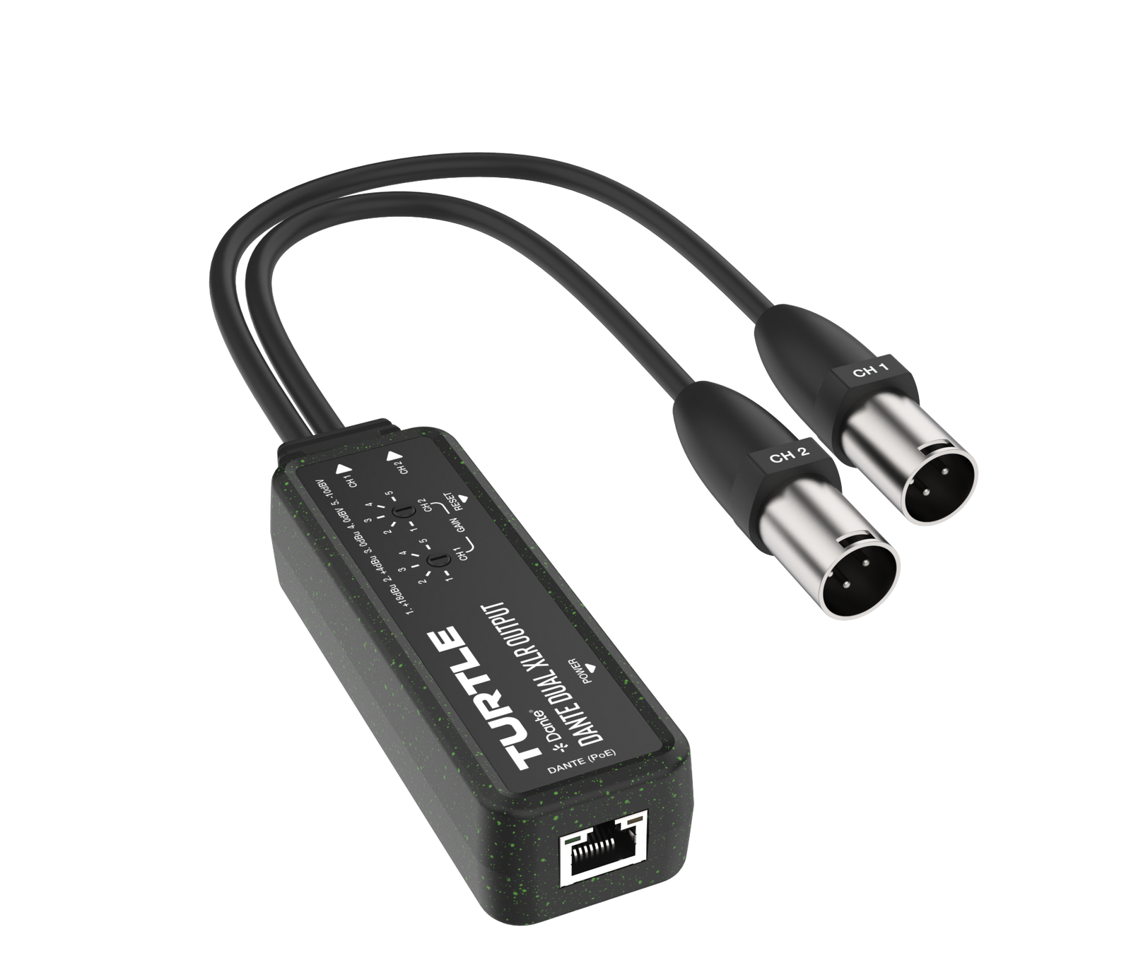 Turtle audio-interface met twee XLR-kabels op een witte achtergrond