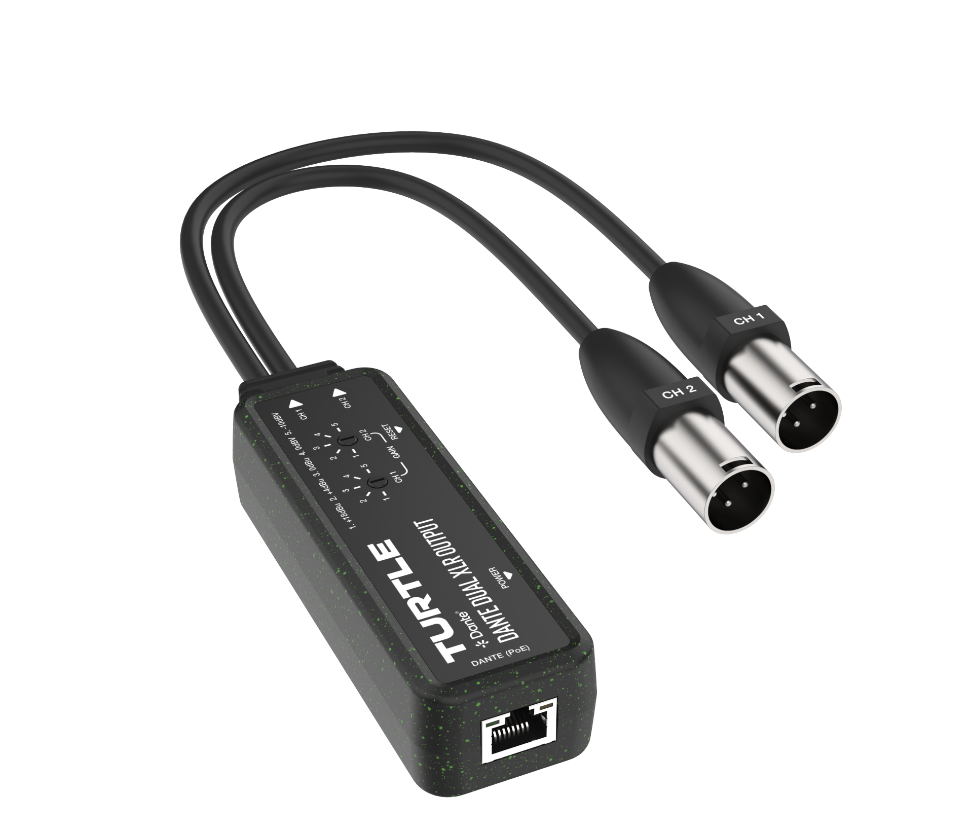 Turtle audio-interface met twee XLR-kabels op een witte achtergrond