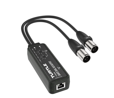 Turtle audio-interface met twee XLR-kabels op een witte achtergrond