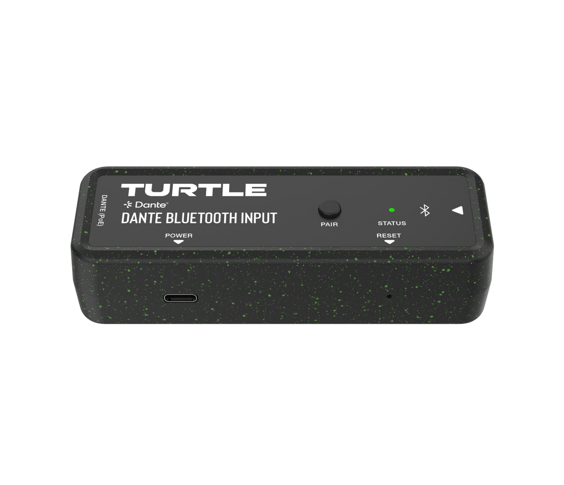Zwart Bluetooth-invoerapparaat met 'Turtle'-logo op een witte achtergrond