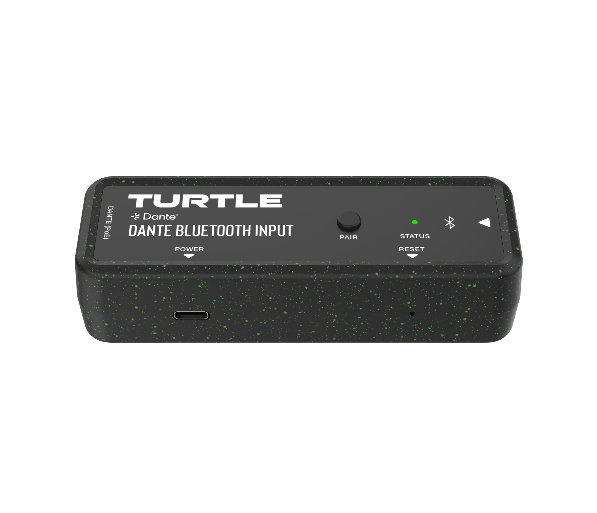 Zwart Bluetooth-invoerapparaat met 'Turtle'-logo op een witte achtergrond
