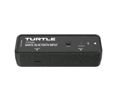 Zwart Bluetooth-invoerapparaat met 'Turtle'-logo op een witte achtergrond