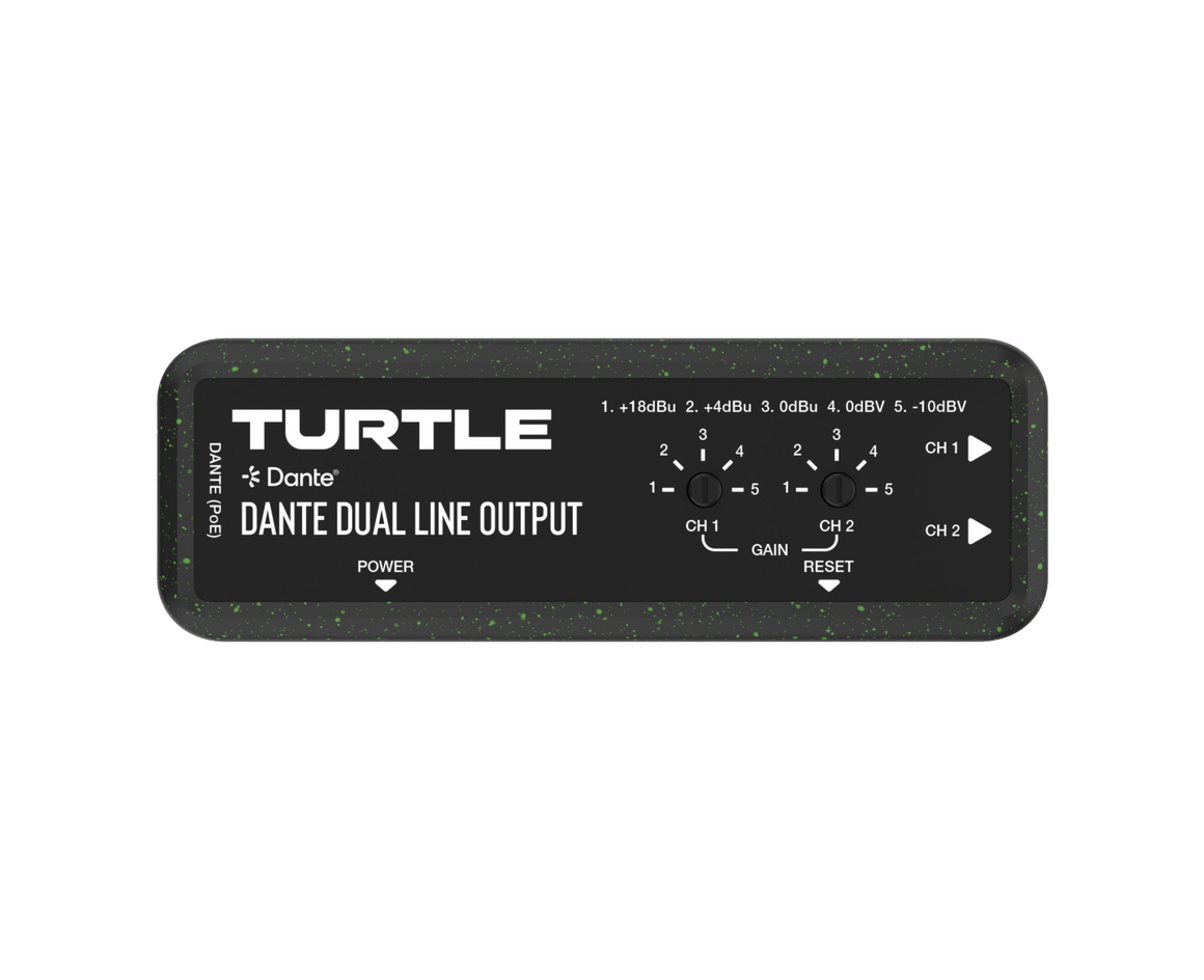 Turtle Dante Dual Line Output-apparaat op een witte achtergrond