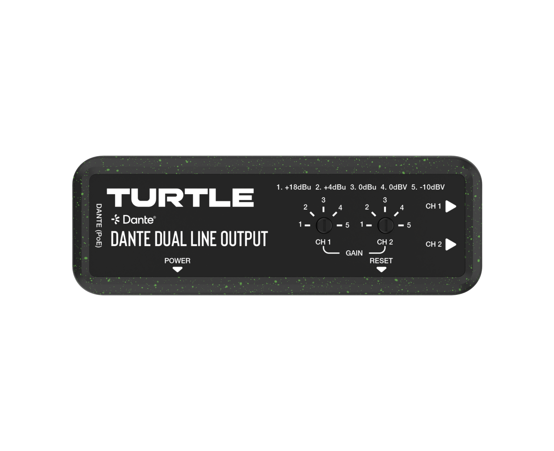 Turtle Dante Dual Line Output-apparaat op een witte achtergrond