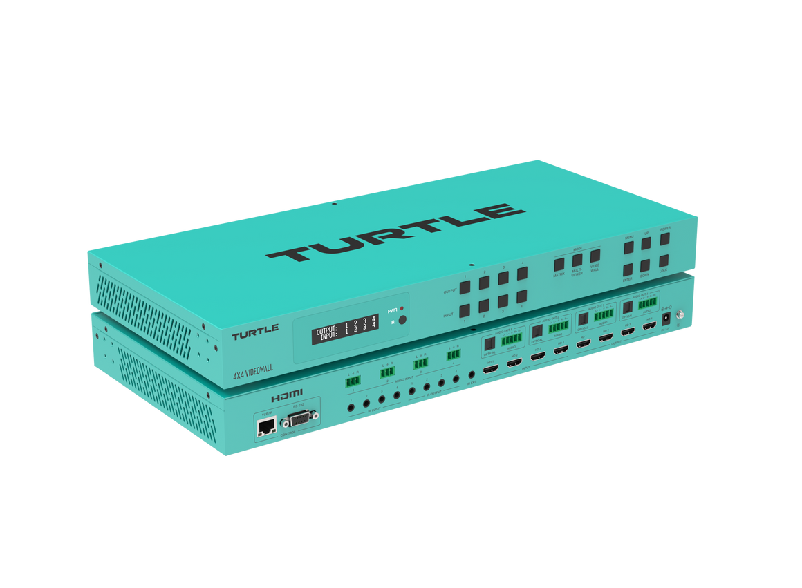 Turquoise elektronisch apparaat met het merk 'TURTLE' op een witte achtergrond