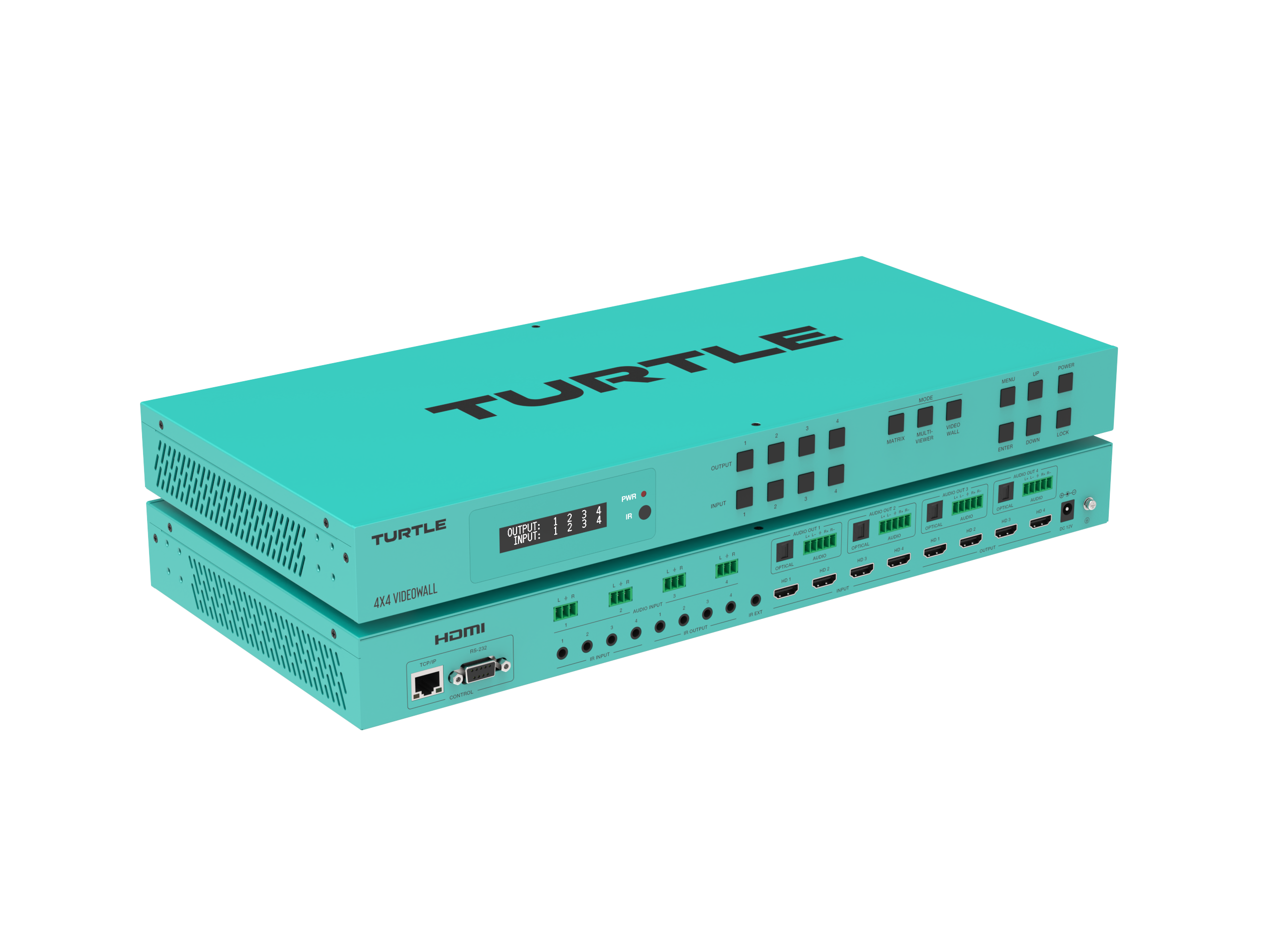 Turquoise elektronisch apparaat met het merk 'TURTLE' op een witte achtergrond