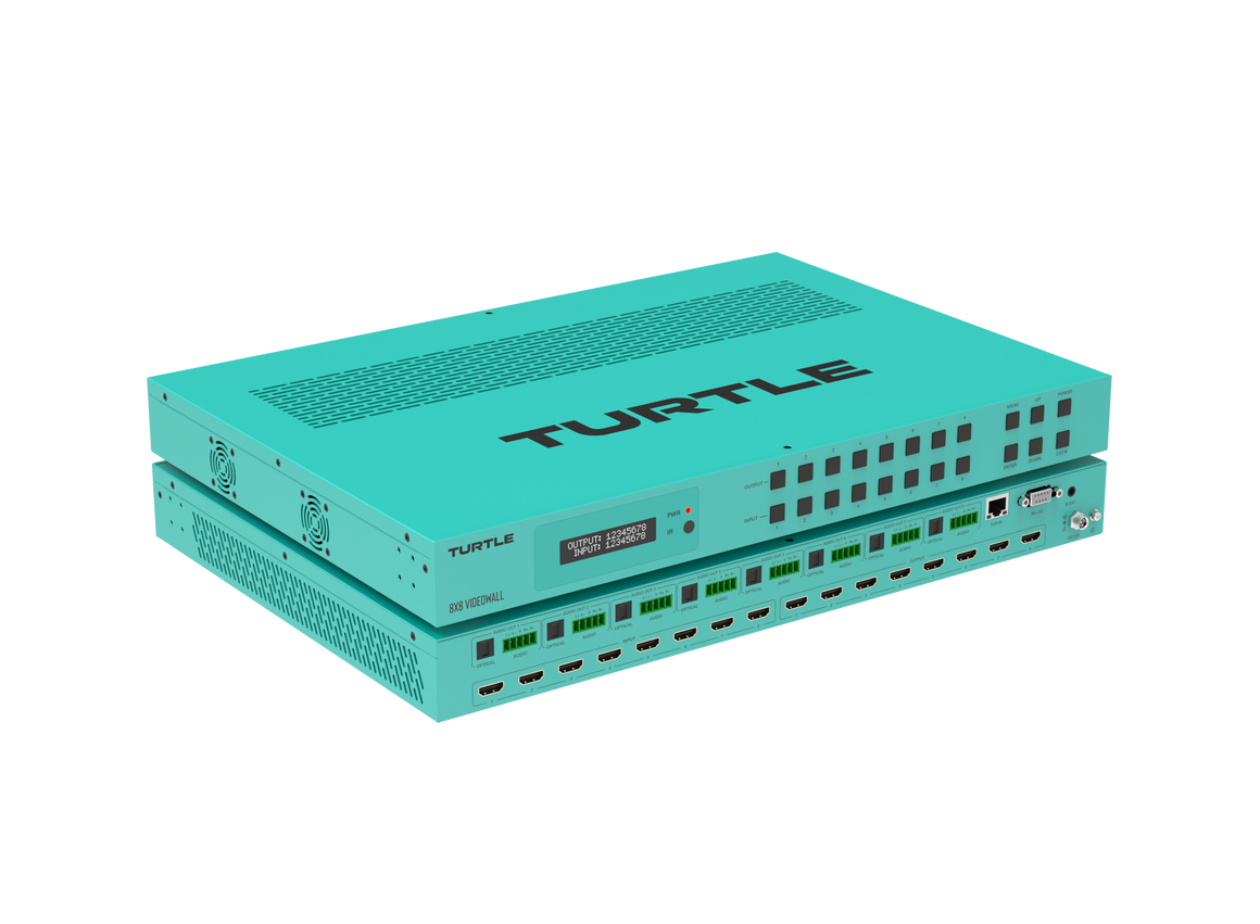 Turquoise elektronisch apparaat met het merk 'TURTLE' op een witte achtergrond